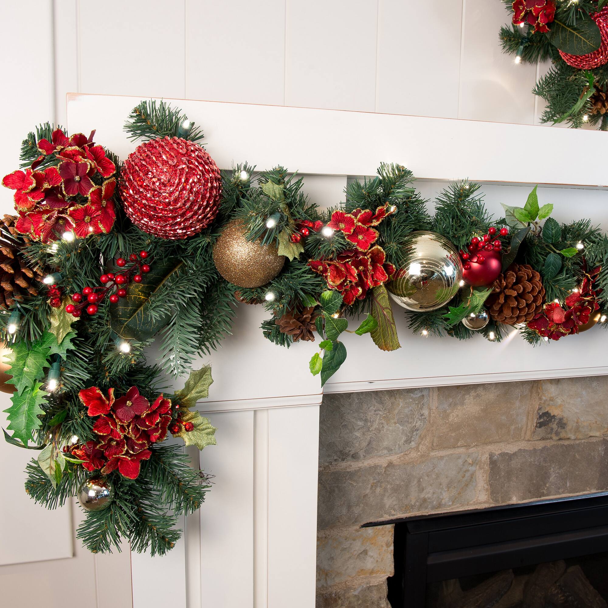 Village Lighting 9ft. Pre-Lit LED Scarlet Hydrangea Christmas Garland